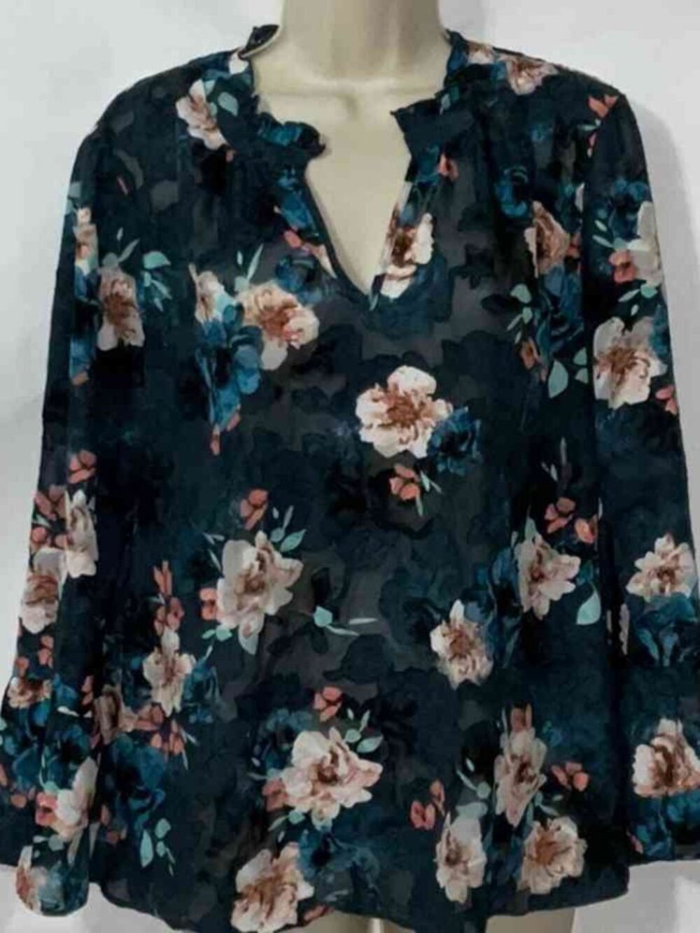 Boho Dark Floral Split Neck Bell Sleeve Shirt